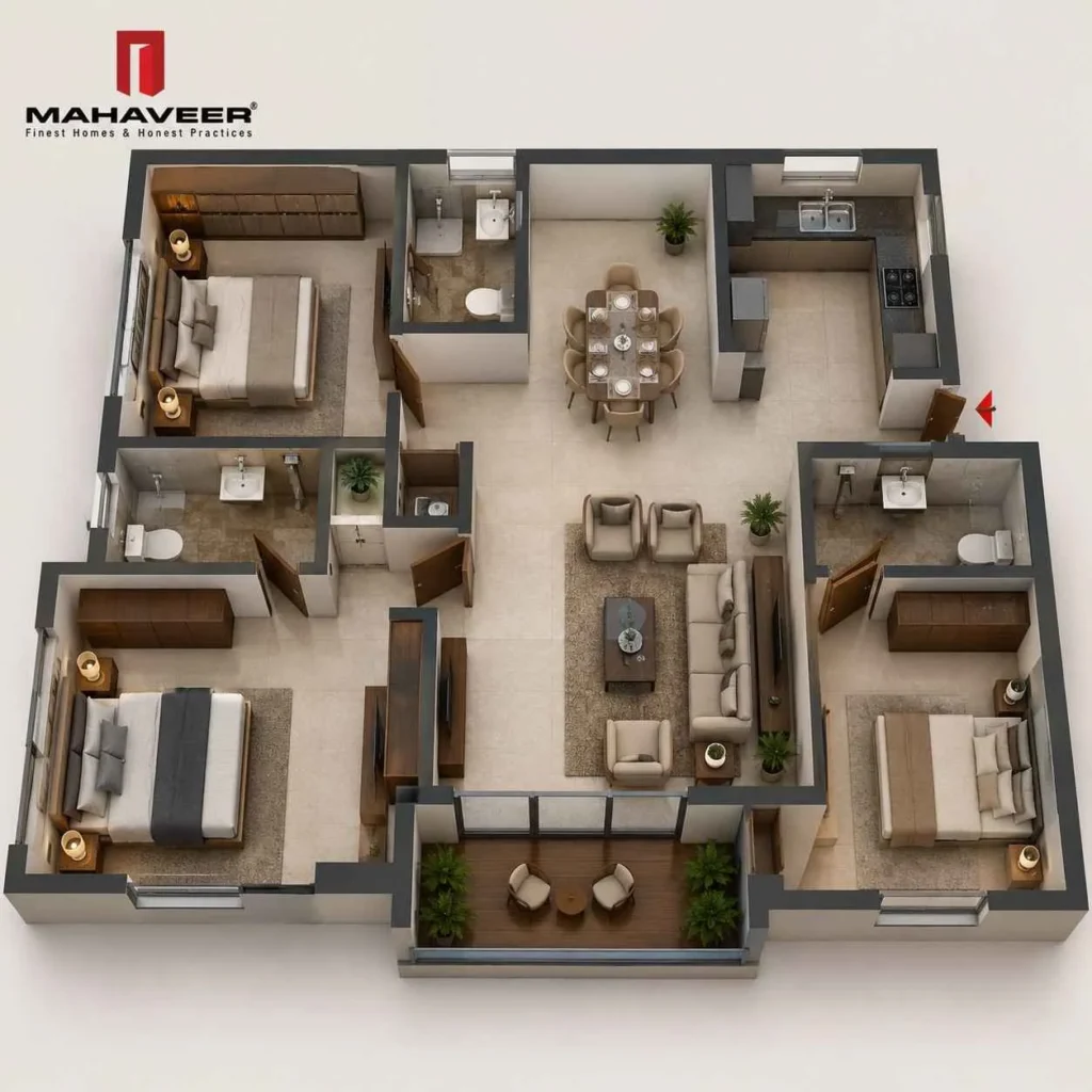 3 BHK apartment floor plan