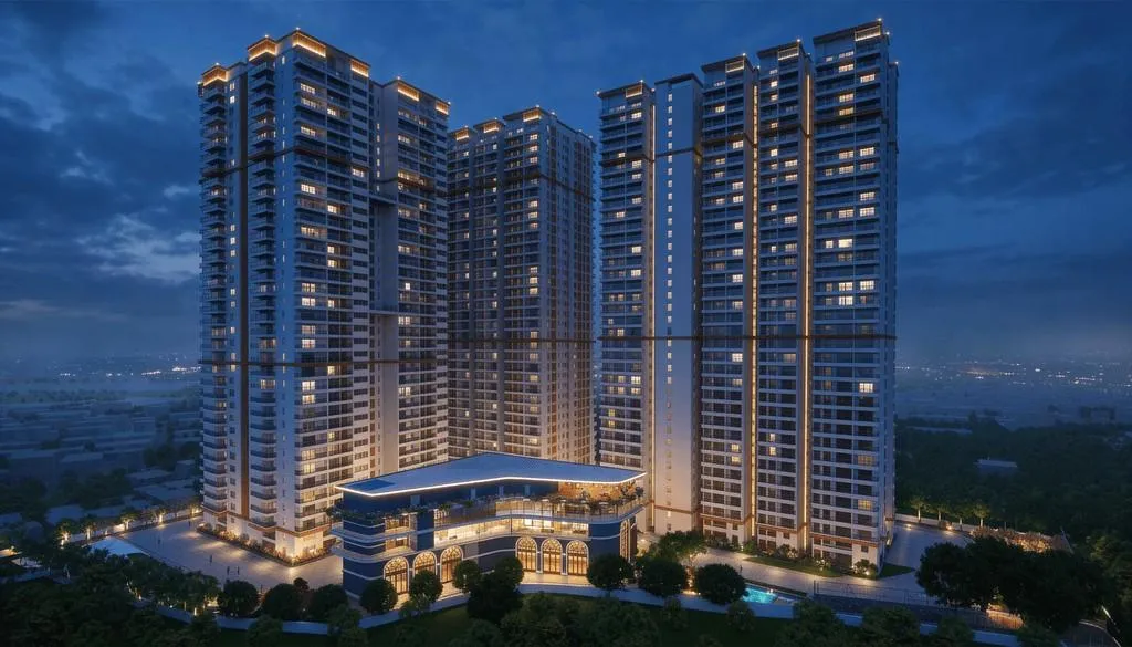 Mahaveer Crystal Garden luxury 3 & 4 BHK apartments in Attapur, Hyderabad featuring premium high-rise towers, landscaped surroundings, and modern clubhouse.