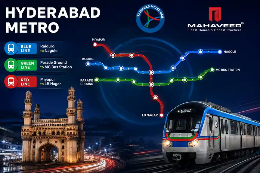 Hyderabad Metro Red Green and Blue lines with major stations